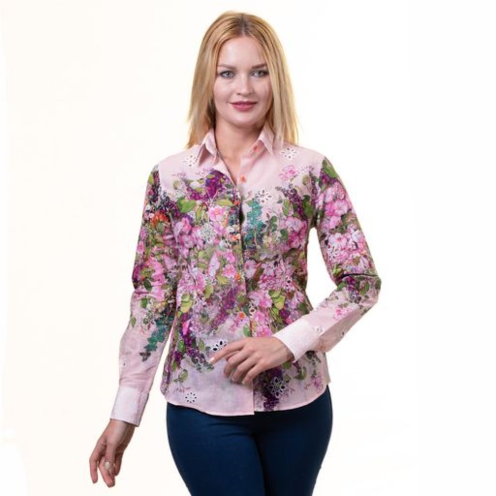 Pink With Multicolor Floral Button Up Shirts  - Floral Long Sleeve Cotton shirt